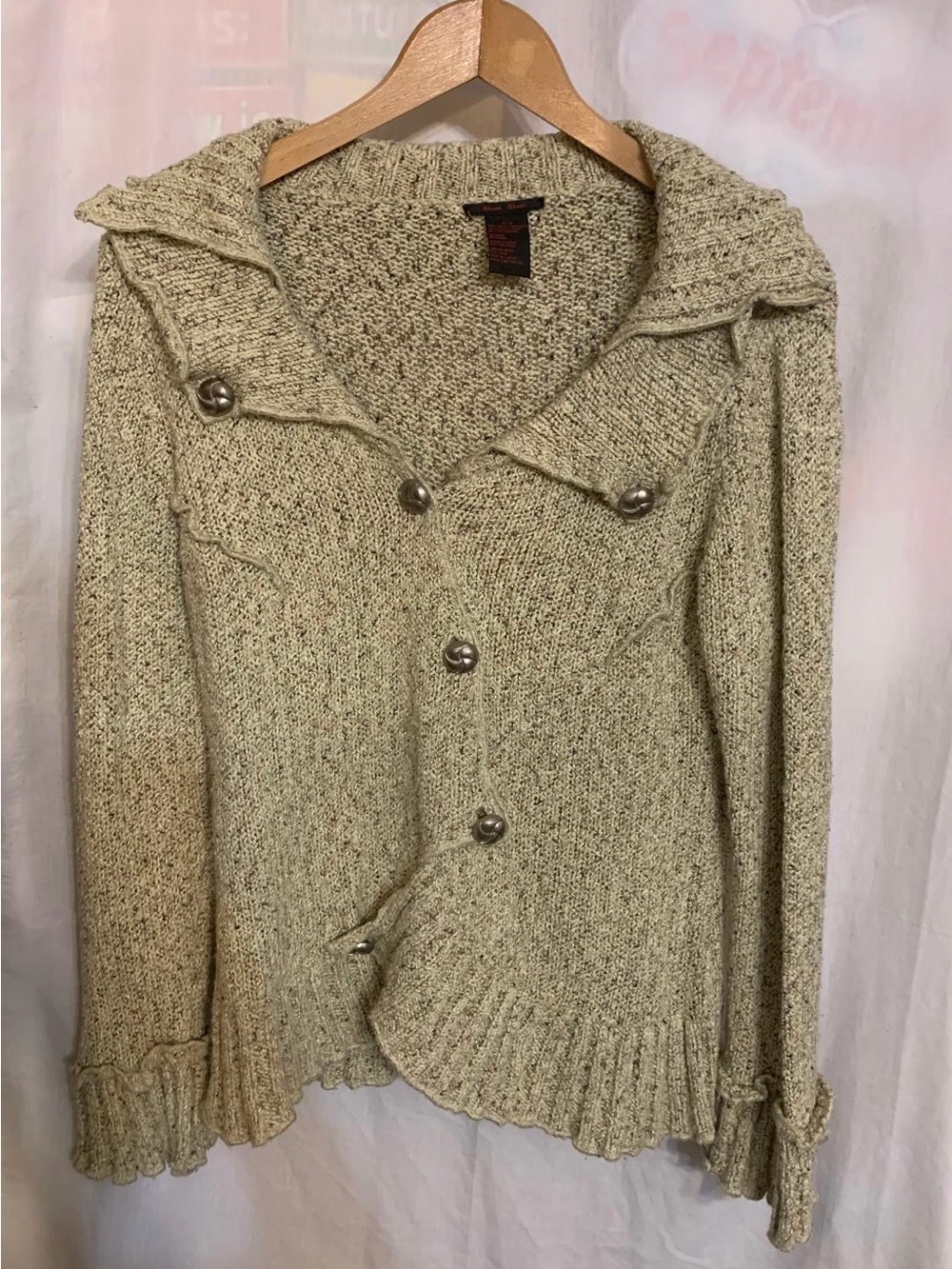 Chunky Cream Knit Button-Front Jacket with Ruffle Trim